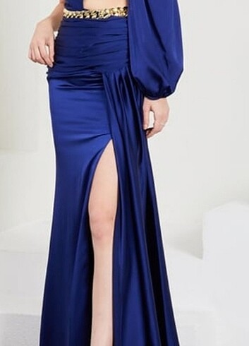 Saten Lacivert abiye elbise - Görsel 9