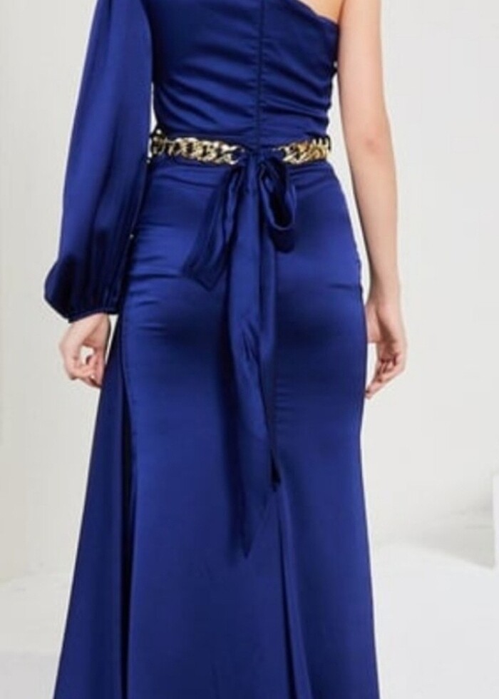 Saten Lacivert abiye elbise - Görsel 2
