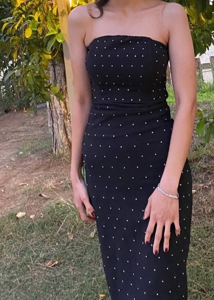 Straplez taşlı detaylı kalem elbise  - Görsel 2