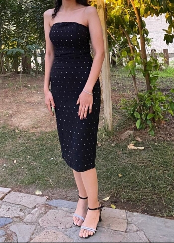 Straplez taşlı detaylı kalem elbise  - Görsel 4