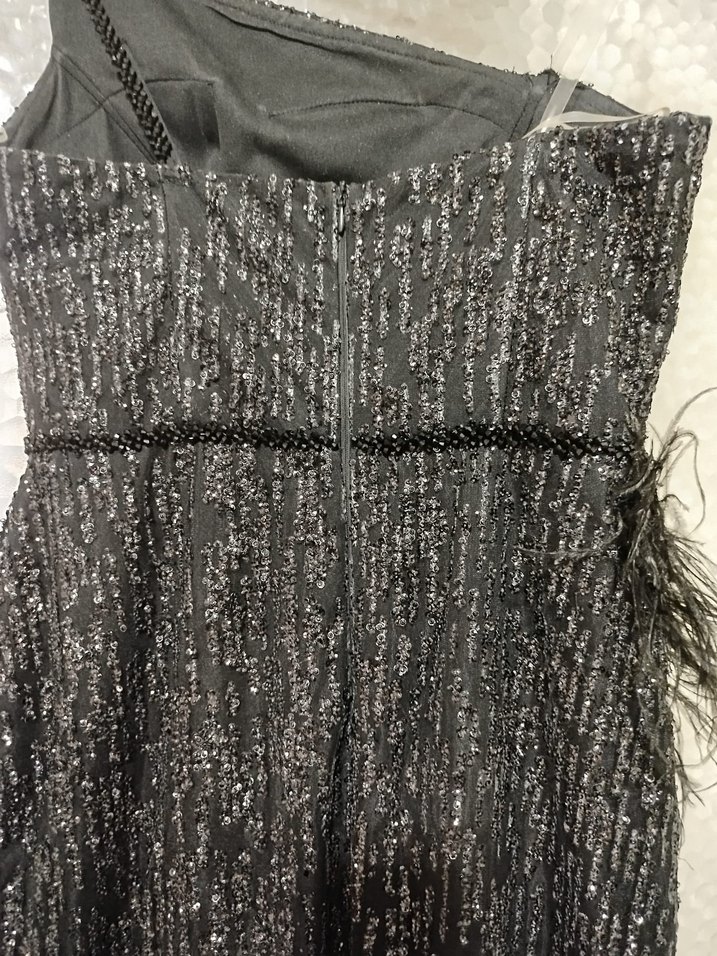 Siyah Yılan Desenli Tüy Detaylı Uzun Abiye - Görsel 4