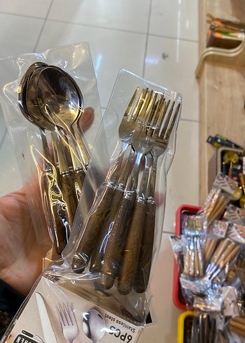 Bej Parlak Ahşap Saplı Çatal Kaşık Seti - Görsel 2