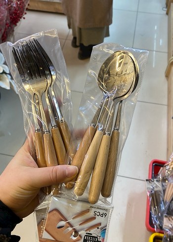 Bej Parlak Ahşap Saplı Çatal Kaşık Seti - Görsel 3