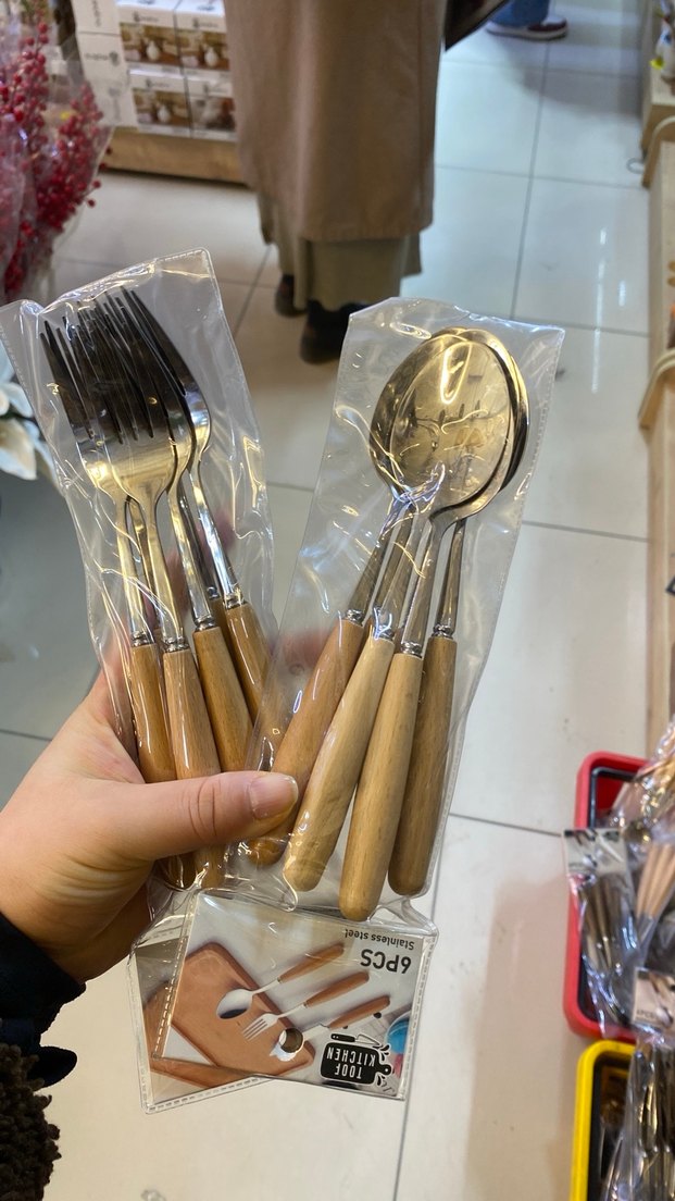 Bej Parlak Ahşap Saplı Çatal Kaşık Seti - Görsel 4