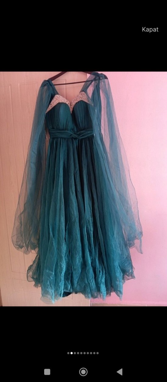 Drapeli Uzun Turkuaz Bohem Elbise - Görsel 2