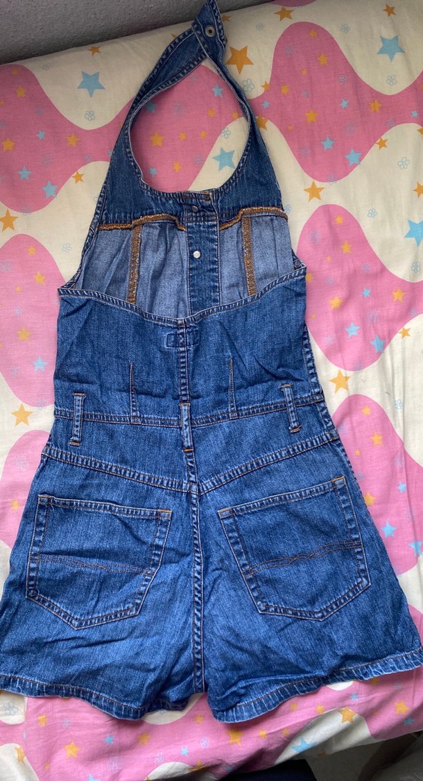 Düğmeli Mavi Denim Kadın Tulum - Görsel 2