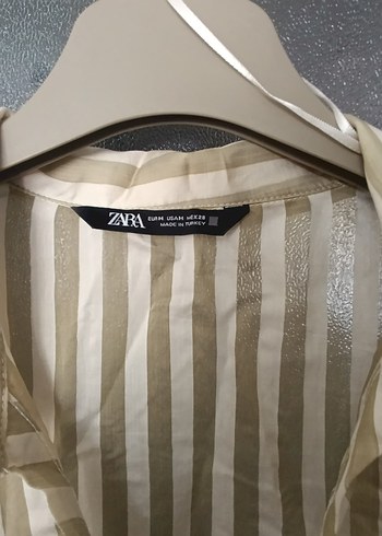 Zara Bej Çizgili Keten Gömlek, Düğmeli, Uzun Kollu