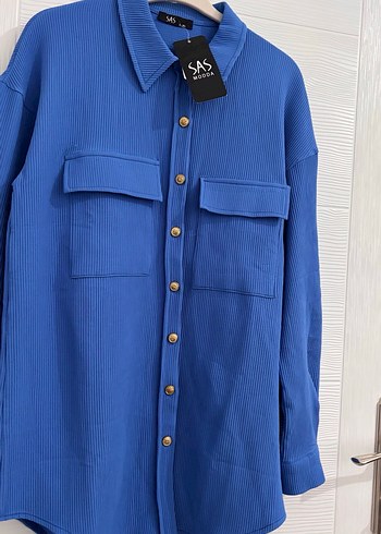 Mavi Düğmeli Kadın Uzun Kollu Gömlek - Görsel 2