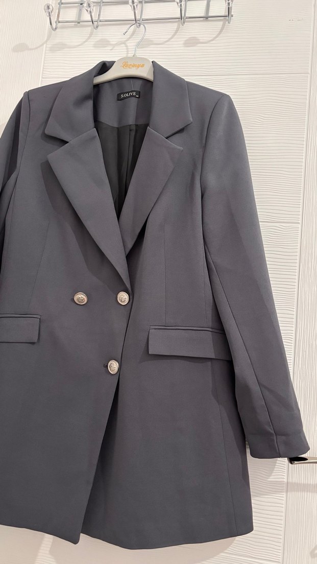 Düğmeli Gri Kadın Blazer Ceket - Görsel 4