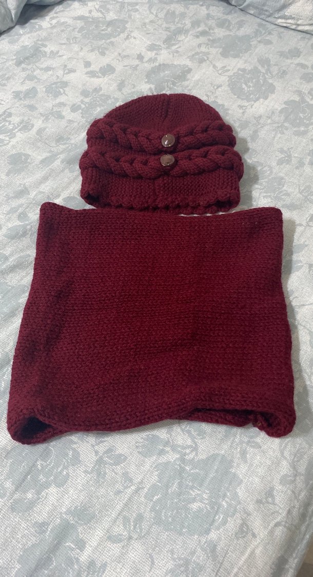 Bordo Örgü  Bere ve Boyunluk Seti - Görsel 2