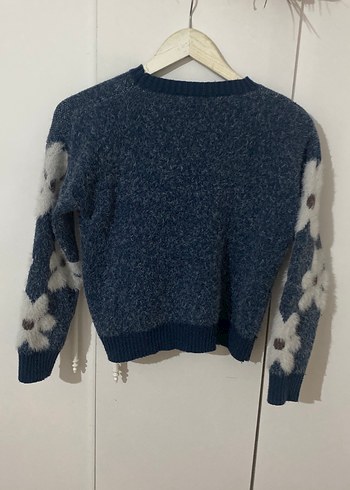 Çiçek Desenli Bohem Mavi Triko Kazak - Görsel 2