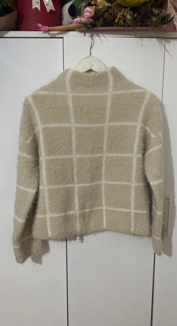 Bej Kareli Kadın Triko Kazak - Görsel 2