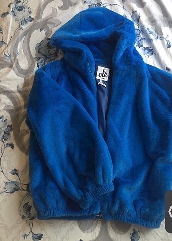 Koton Ole Kapüşonlu Kadın Mavi Peluş Ceket - Görsel 3