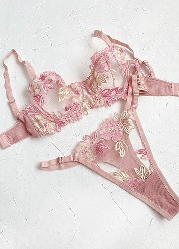 m Beden Pembe Brode Bralet Takım 