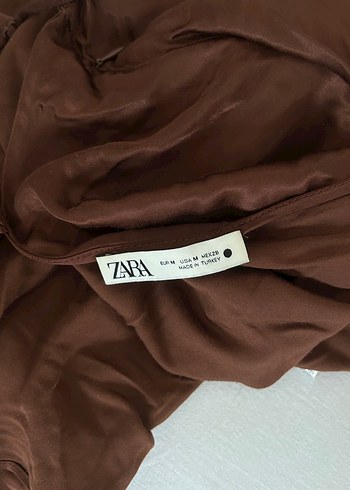 m Beden Zara Kahverengi V Yaka Midi Drapeli Elbise