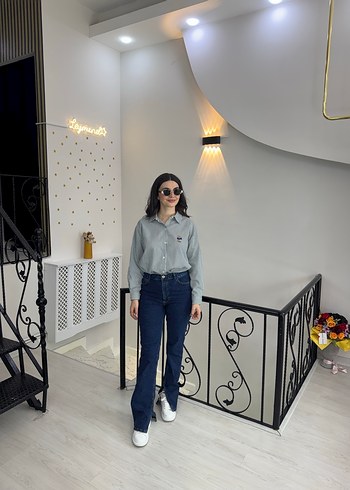 m Beden gri Renk Yeşil beyaz Çizgili Kadın Gömlek