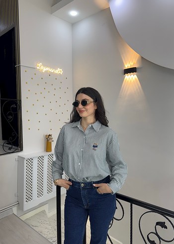 Ralph Lauren Yeşil beyaz Çizgili Kadın Gömlek