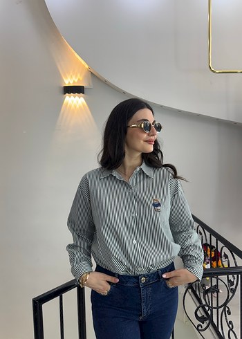 Yeşil beyaz Çizgili Kadın Gömlek