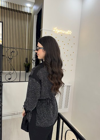 m Beden siyah Renk Siyah taşlı bağcıklı gömlek beli lastikli pantolon takım