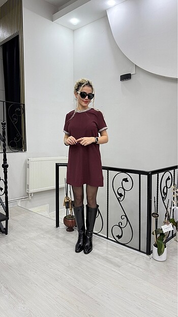 Diğer Bordo taşlı elbise