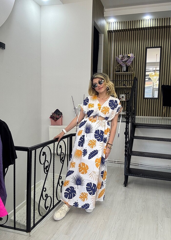 Keten desenli büzgülü elbise - Görsel 5