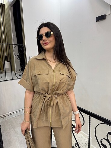 xl Beden camel Renk Bej paraşüt kumaş gold düğmeli takım