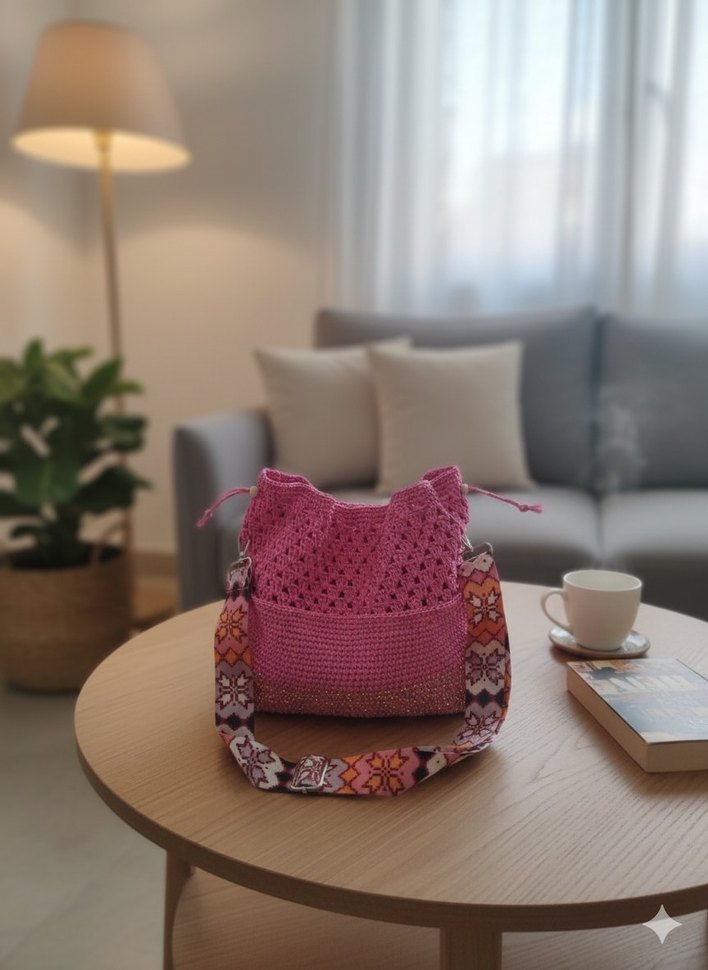 Dantel Detaylı Pembe Örgü Kadın Çanta - Görsel 2