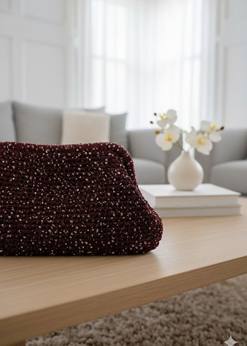 Pul İşlemeli Bordo Örgü Kadın Portföy Çanta - Görsel 3