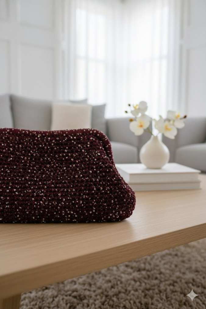 Pul İşlemeli Bordo Örgü Kadın Portföy Çanta - Görsel 3