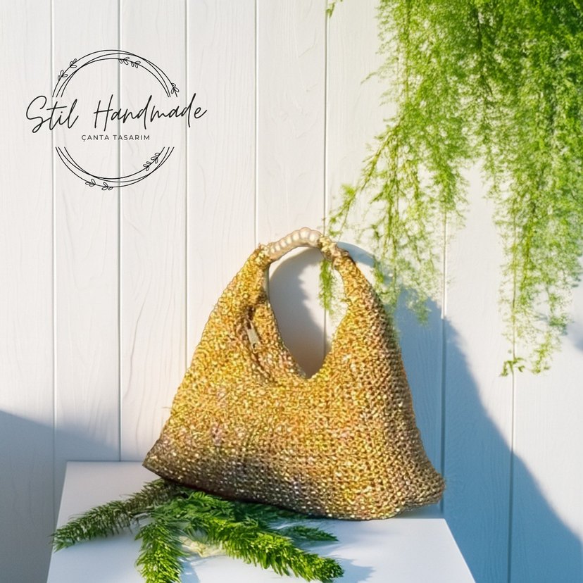 Altın Renkli Payetli Örgü Kadın Çanta - Görsel 2