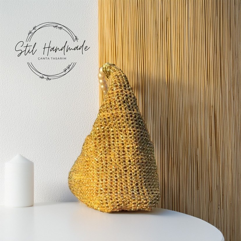 Altın Renkli Payetli Örgü Kadın Çanta - Görsel 3