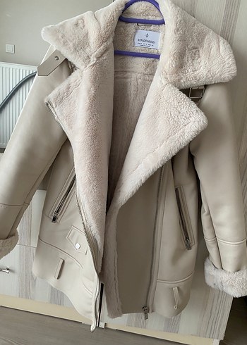 Bej Deri Kadın Ceket, Kürk Detaylı, Midi Boy - Görsel 2