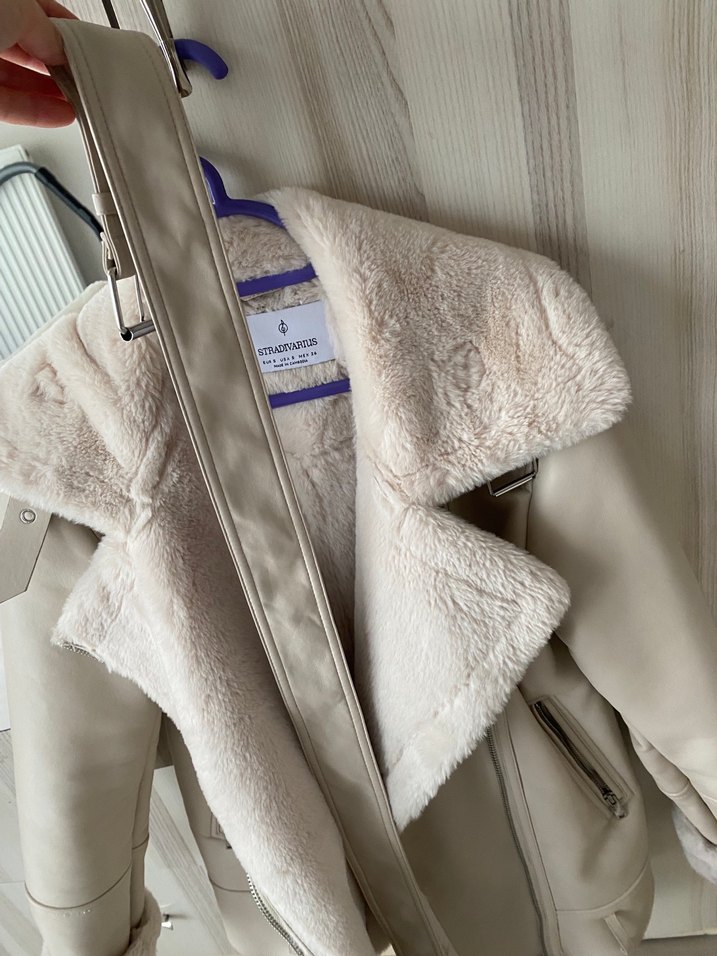 Bej Deri Kadın Ceket, Kürk Detaylı, Midi Boy - Görsel 3