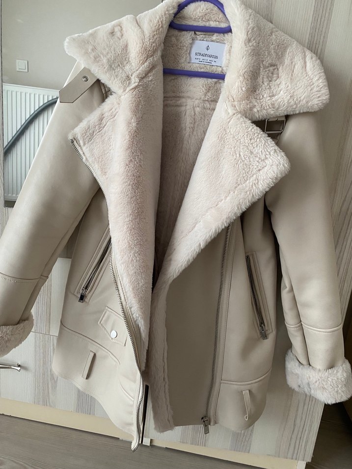 Bej Deri Kadın Ceket, Kürk Detaylı, Midi Boy - Görsel 2