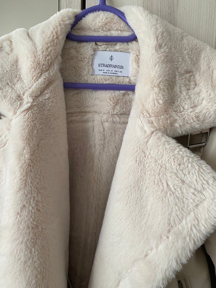 Bej Deri Kadın Ceket, Kürk Detaylı, Midi Boy - Görsel 4