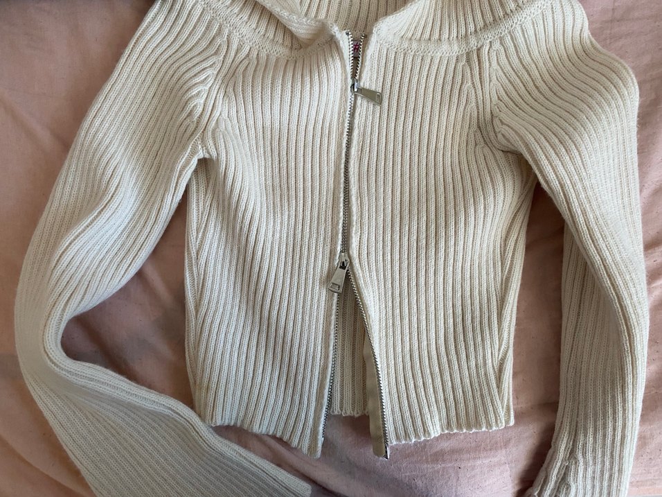 Yüksek Yakalı Beyaz Fitilli Triko Kazak Kısa - Görsel 2