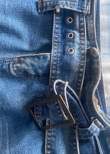 Tommy Hilfiger Tokalı Mavi Denim Midi Etek