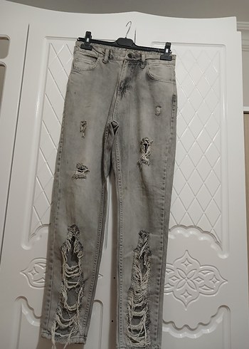 River Island Gri Bagcikli Ripped Denim Pantolon