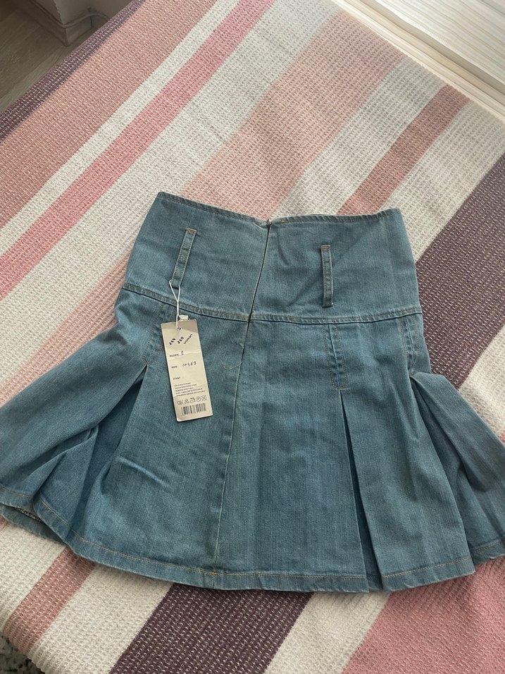 Pileli vintage mavi kot etek - Görsel 2