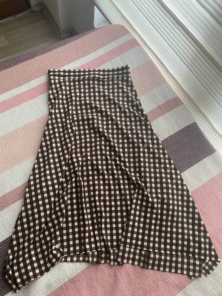 Drapeli Kareli Midi ekose desenli etek - Görsel 2