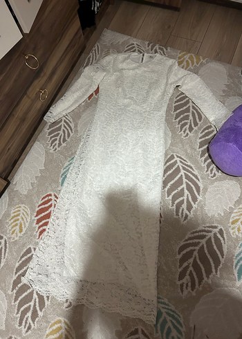 Uzun Kollu Beyaz Dantel Bohem Elbise