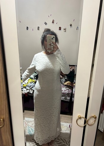 40 Beden beyaz Renk Uzun Kollu Beyaz Dantel Bohem Elbise