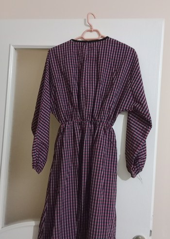 Uzun Mor Kareli Piliseli Elbise - Görsel 3