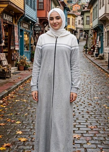 Diğer Gri Melanj Kapusonlu Ferace