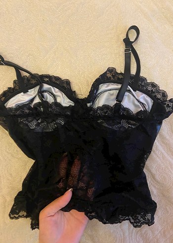 s Beden Siyah Dantel Detaylı Deri Goth Büstiyer