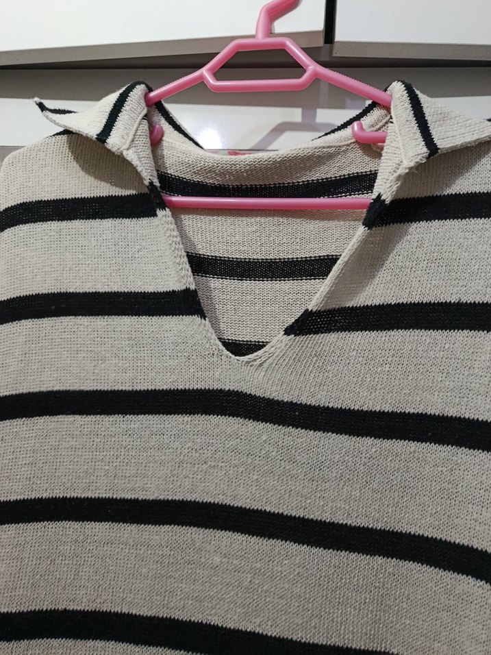 Çizgili V Yaka Kısa Kollu Triko Elbise - Görsel 2