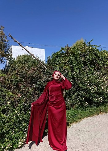 l Beden Bordo Drapeli Uzun Abiye Elbise