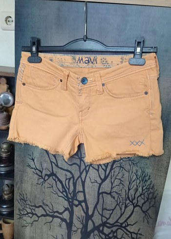 oranj Renkli Baskılı Kot Mini Şort mavi jeans