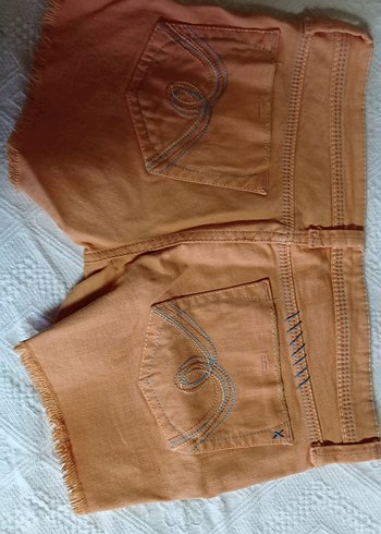 27 Beden oranj Renkli Baskılı Kot Mini Şort mavi jeans