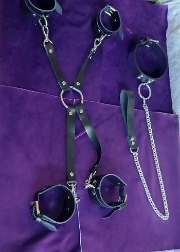 siyah Deri fantazi tasma kelepçe takım - Görsel 8